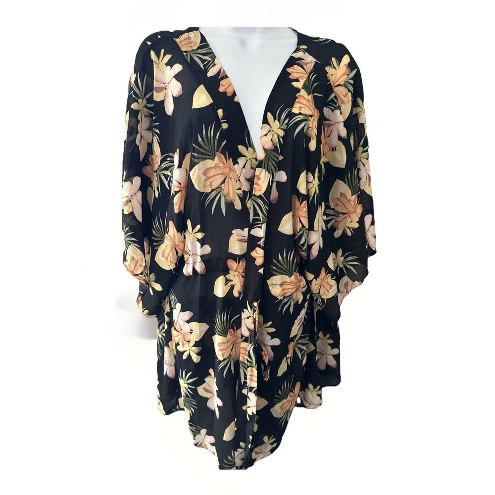 Layering Kimono Robe Swimsuit Cover Floral size L/XL Beachy Shear Drawstring